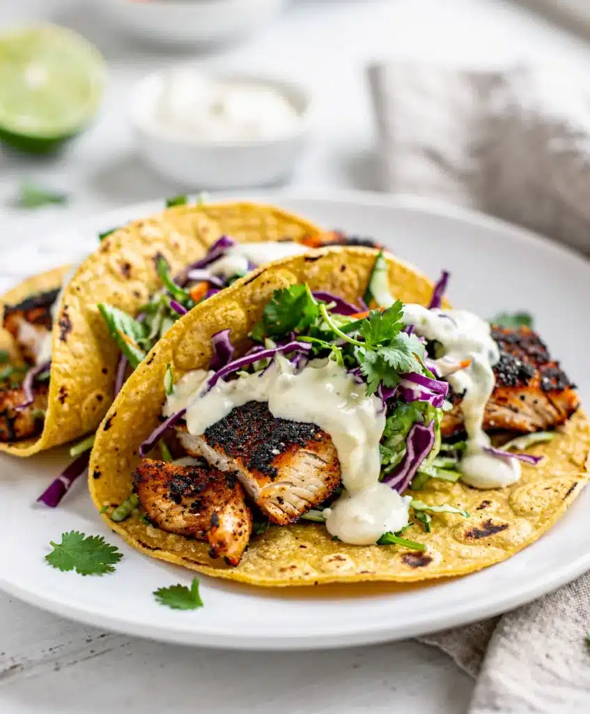 Blackened fish tacos with creamy lime slaw on wood.