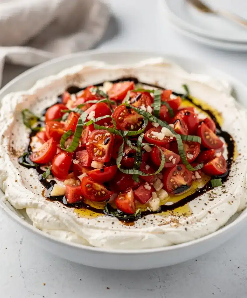 Creamy bruschetta dip with fresh tomatoes and basil on toasted bread.