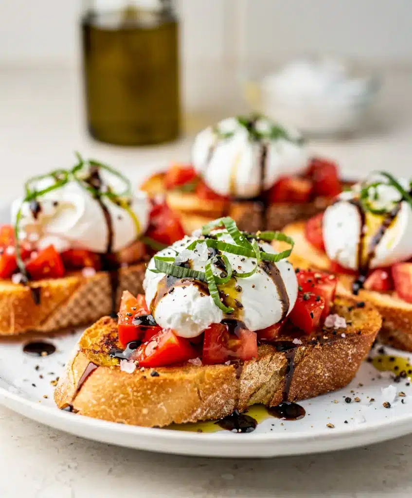 Creamy burrata bruschetta with heirloom tomatoes and fresh basil on toasted baguette.