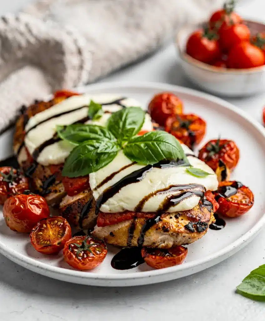 Caprese Chicken Bake with melted mozzarella and roasted tomatoes.
