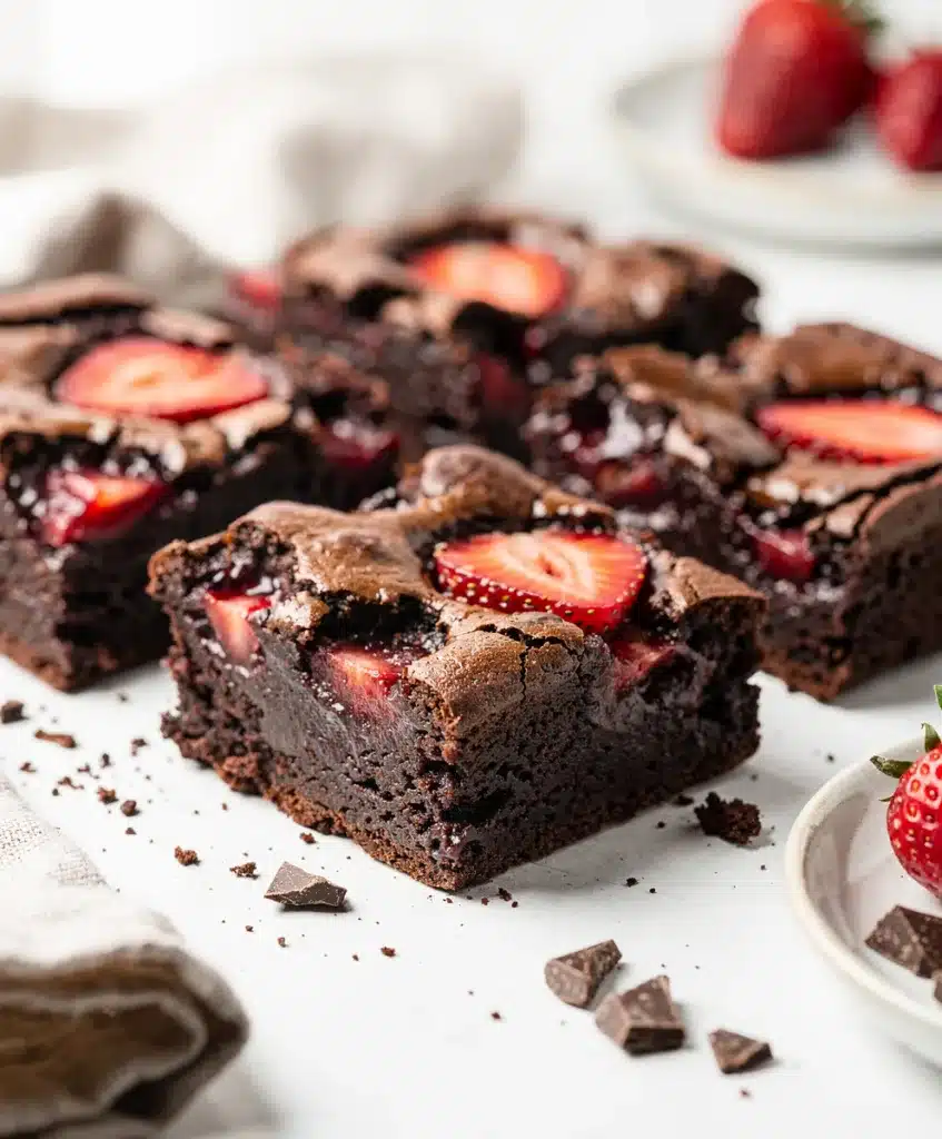 Fudgy chocolate strawberry brownies with glossy cracked top