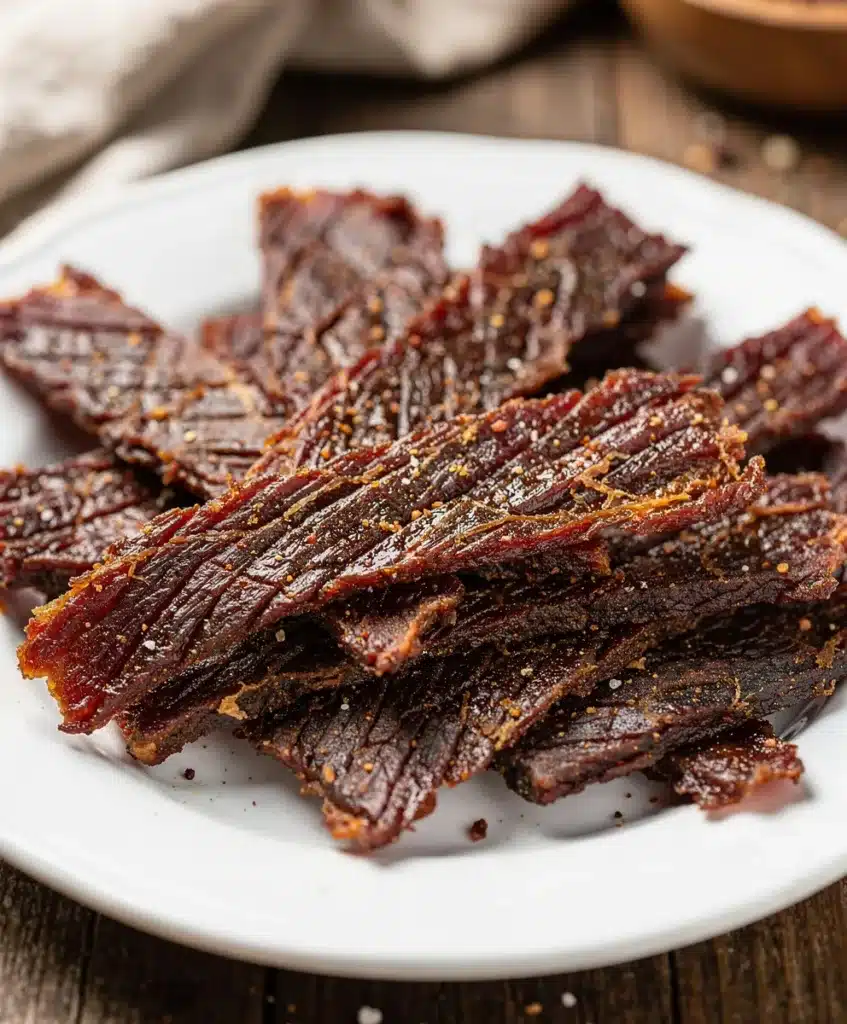 Classic homemade beef jerky recipe with savory marinade on rustic wooden board.