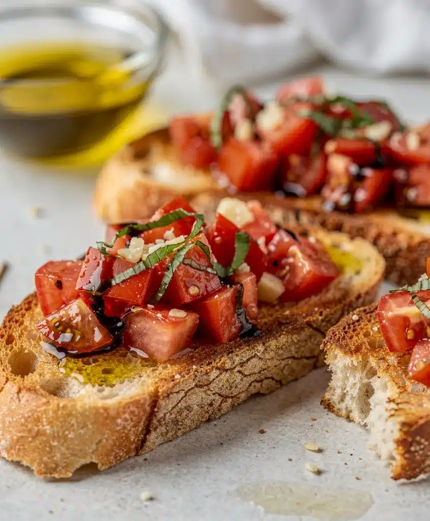 Classic tomato bruschetta recipe with fresh basil on toasted rustic bread