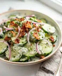 Creamy cucumber bacon salad with dill and chives