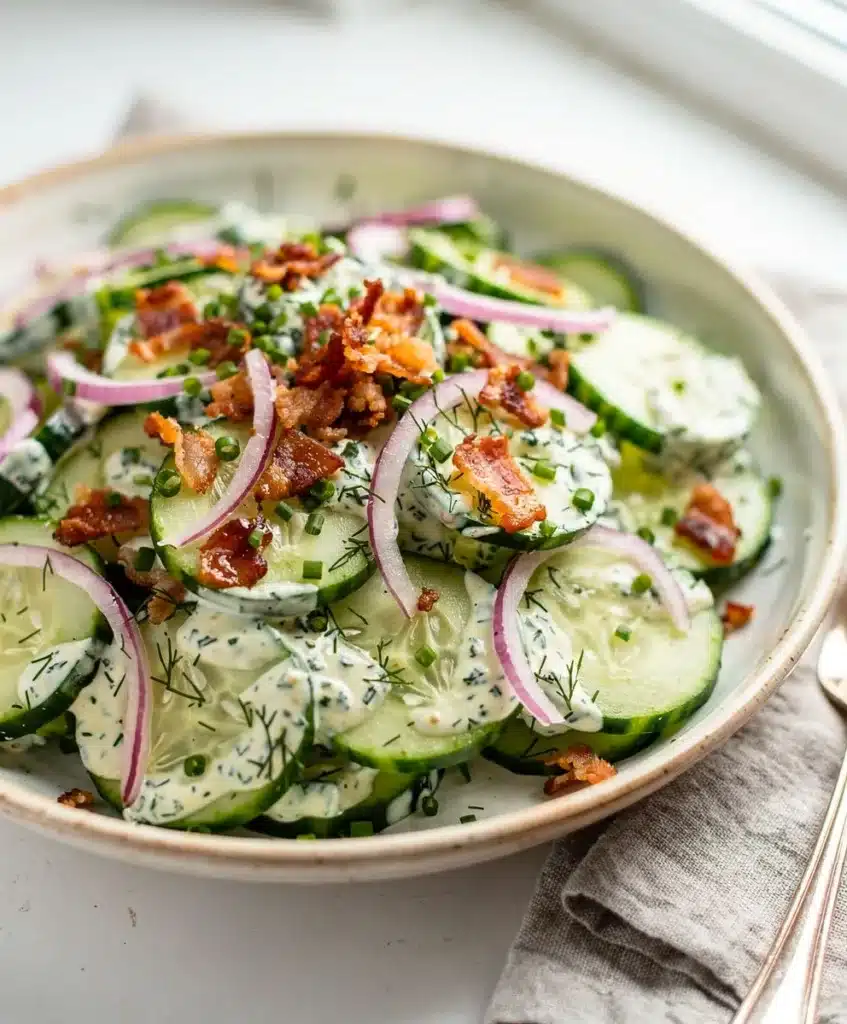 Creamy cucumber bacon salad with dill and chives