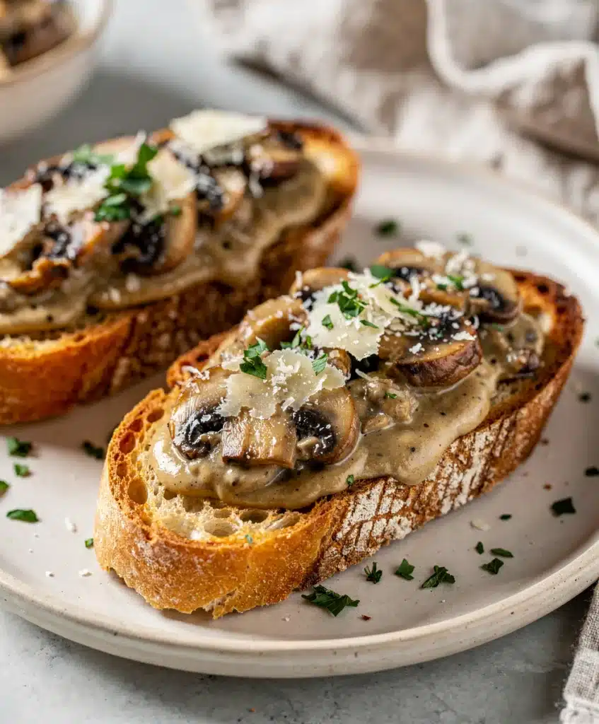 Creamy mushroom bruschetta with parmesan on toasted rustic baguette slices