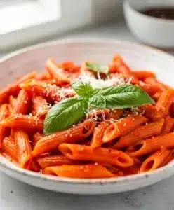 Creamy tomato pasta with penne in a glossy sauce and fresh basil.