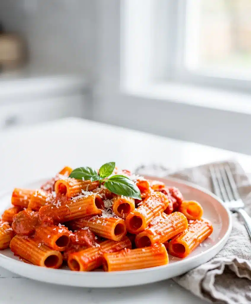 Creamy tomato pasta with penne in glossy sauce and fresh basil sprig.