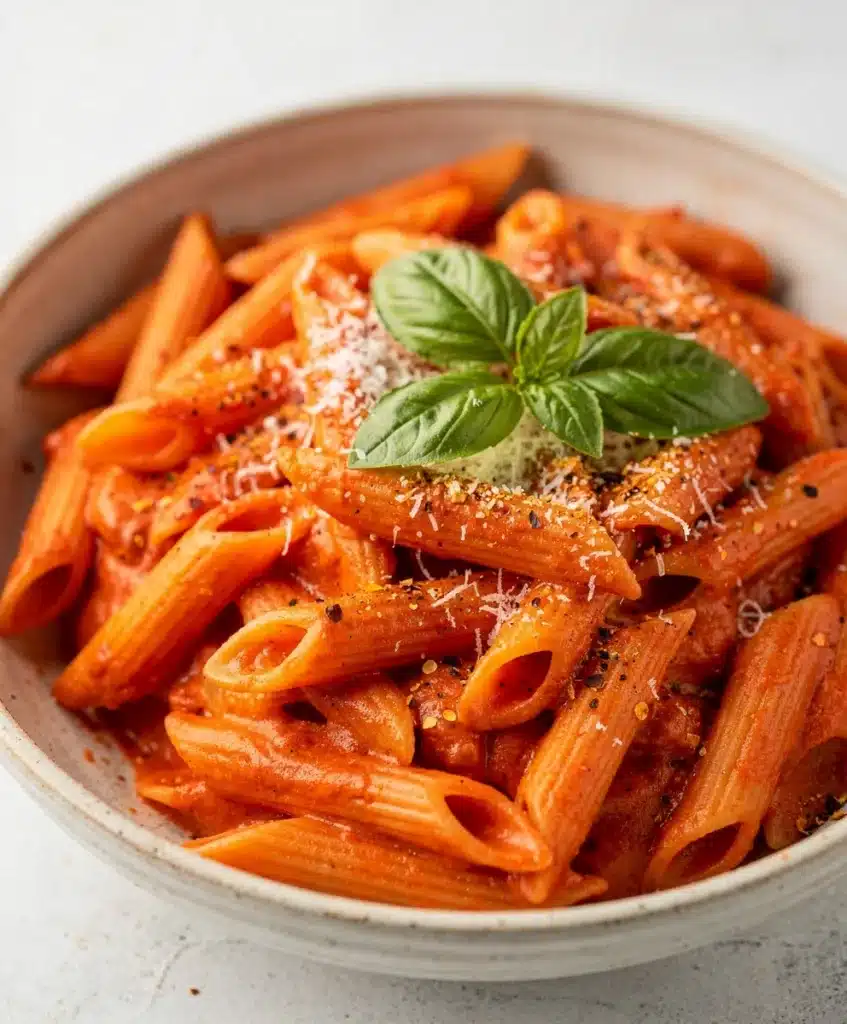 Creamy tomato pasta with penne in a glossy sauce close up food photo