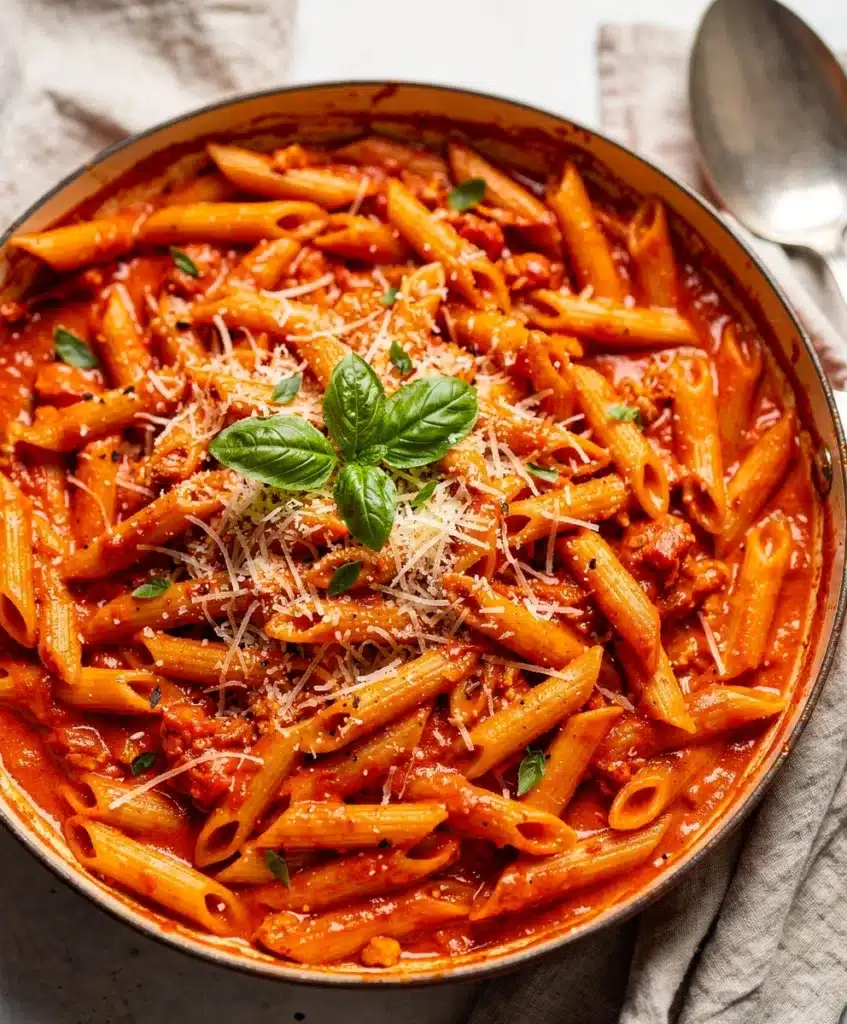 Creamy tomato pasta with sausage in a cozy one pot recipe.