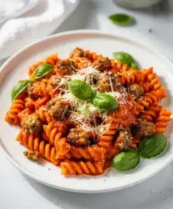 Creamy tomato pasta with sausage in a one pot make ahead meal.