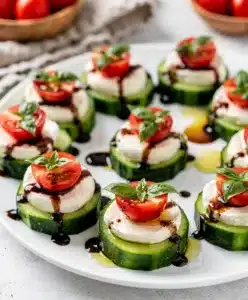 Cucumber Caprese Bites on a rustic board with mozzarella and tomatoes
