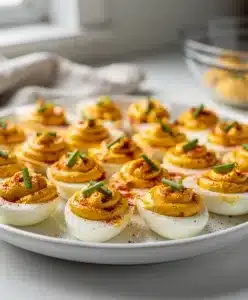 Creamy deviled eggs with spicy kick on rustic wooden board for Pinterest.