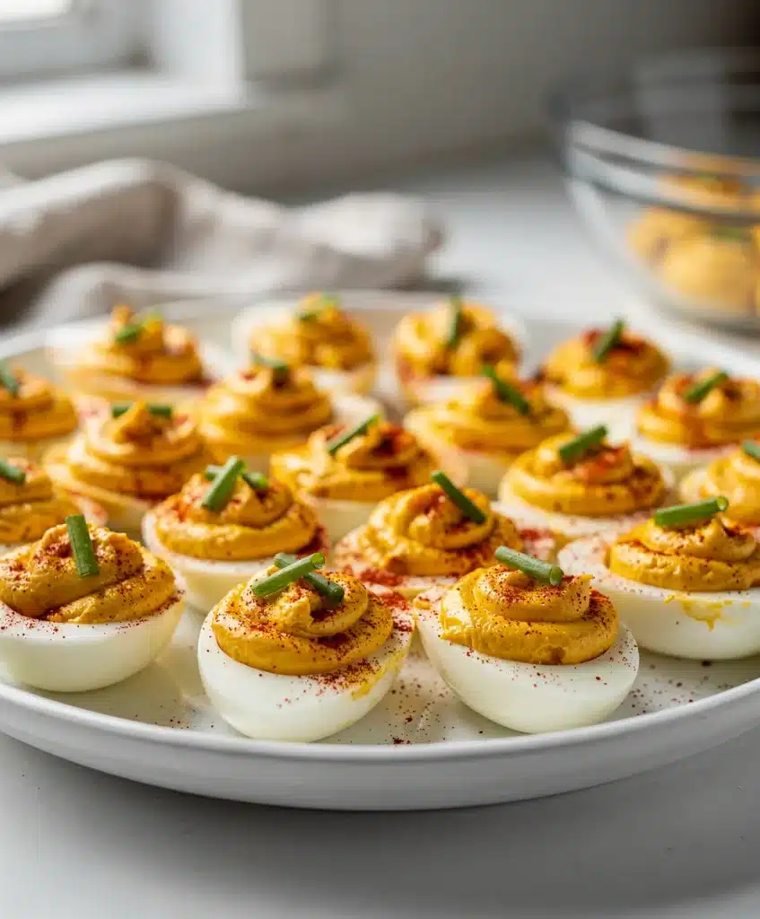 Creamy deviled eggs with spicy kick on rustic wooden board for Pinterest.
