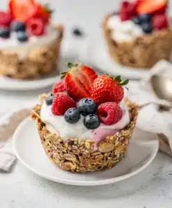 Healthy frozen yogurt granola cups with Greek yogurt and fresh mixed berries.