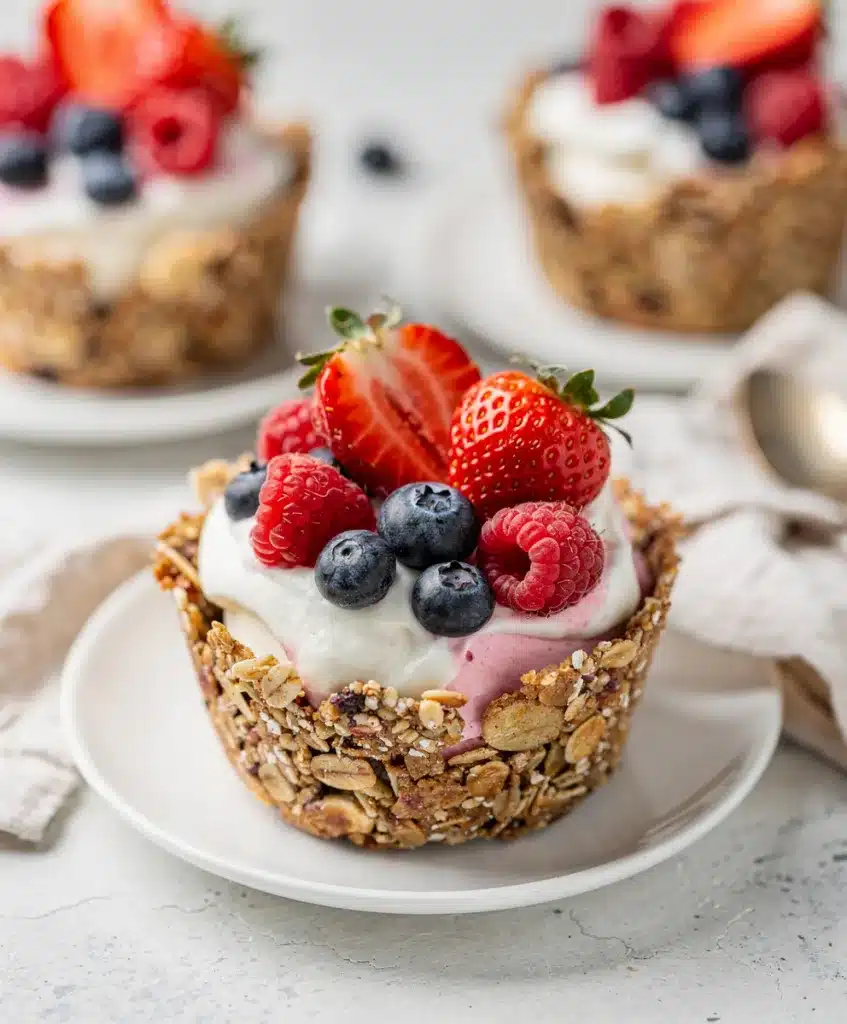 Healthy frozen yogurt granola cups with Greek yogurt and fresh mixed berries.