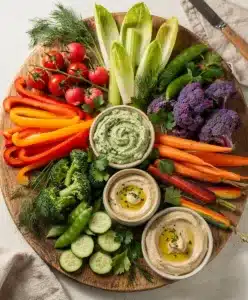 Colorful garden vegetable crudite board with two creamy homemade dips for healthy snacking.