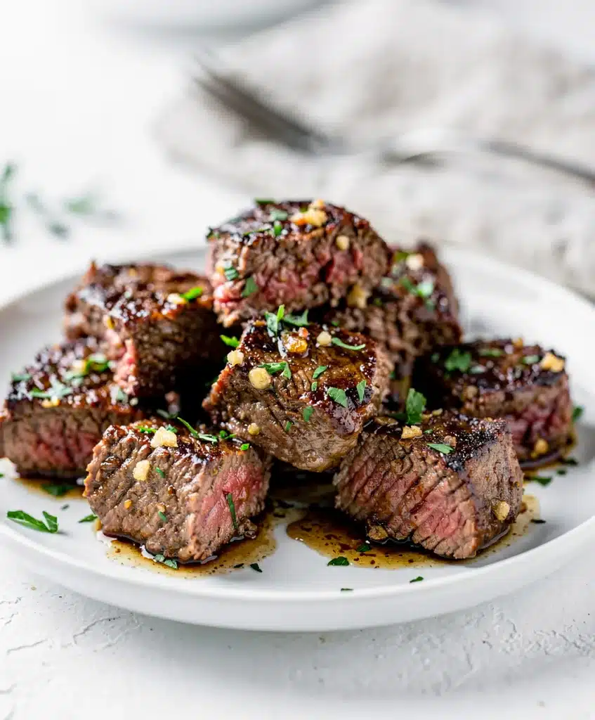 Tender garlic butter steak bites in cast iron skillet