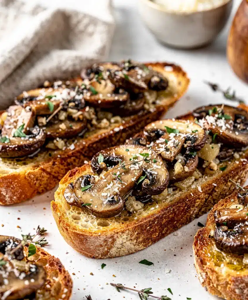 Creamy garlic mushrooms on crispy toasted bruschetta appetizer close up food photo