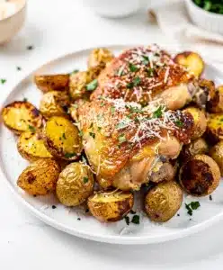 Garlic Parmesan chicken thighs with roasted crispy baby potatoes