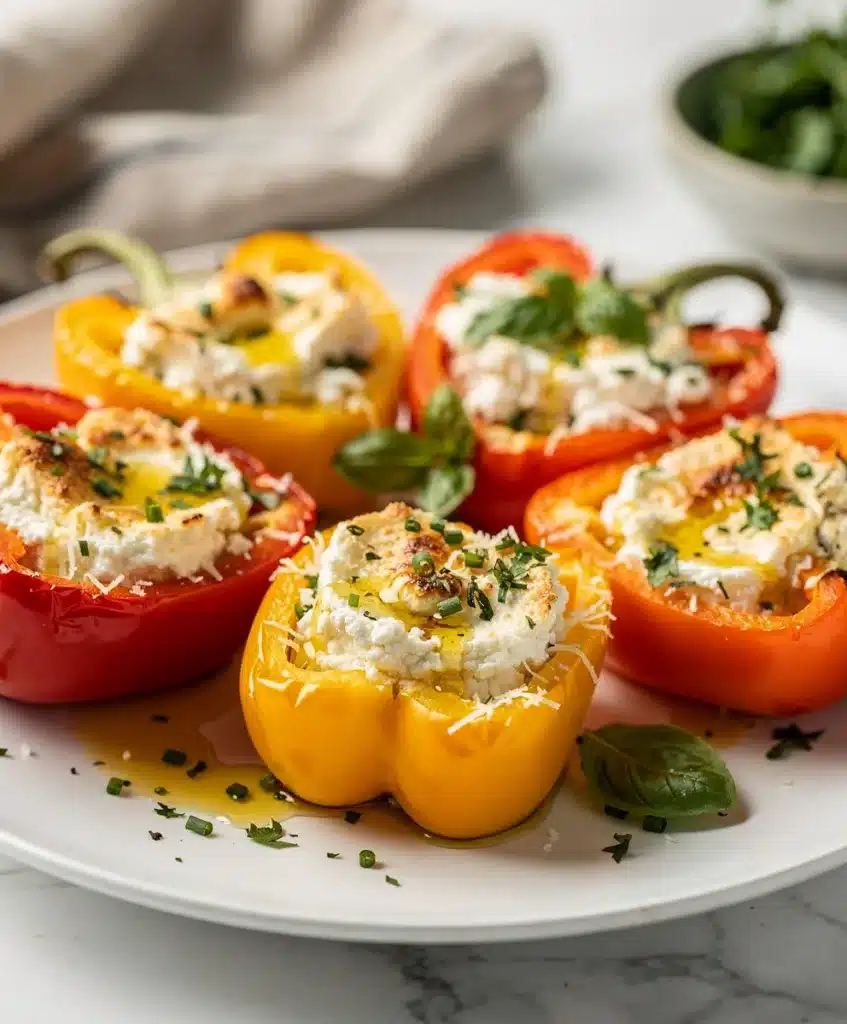 Roasted red and yellow bell peppers stuffed with creamy goat cheese.