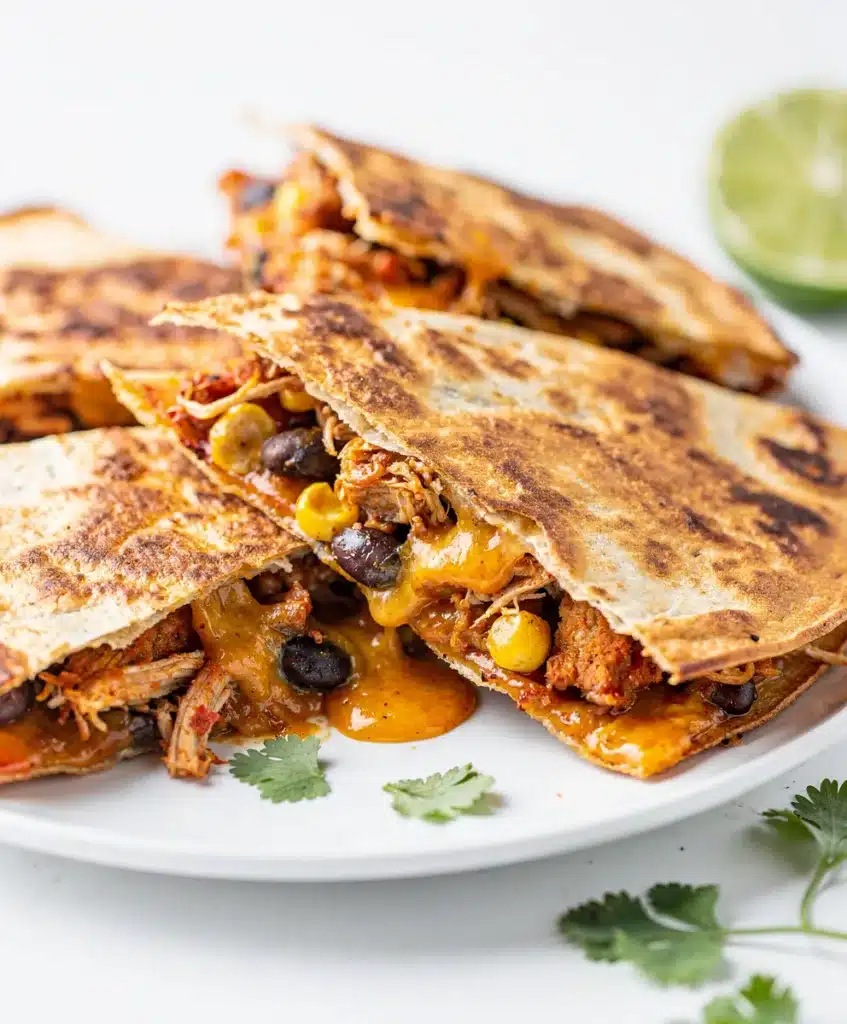 Crispy chicken black bean quesadilla with melted Monterey Jack cheese