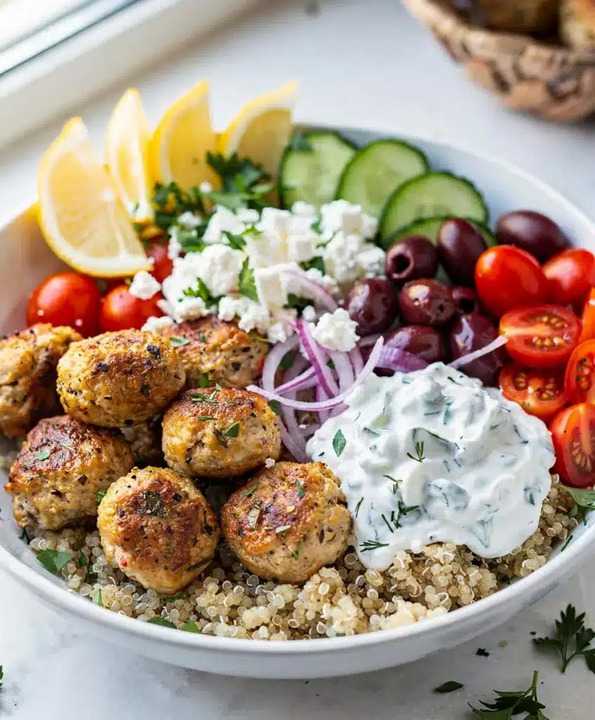 Greek chicken meatball bowls with tzatziki quinoa and fresh vegetables plated beautifully.