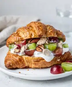 Creamy Greek yogurt chicken salad with red grapes celery and pecans