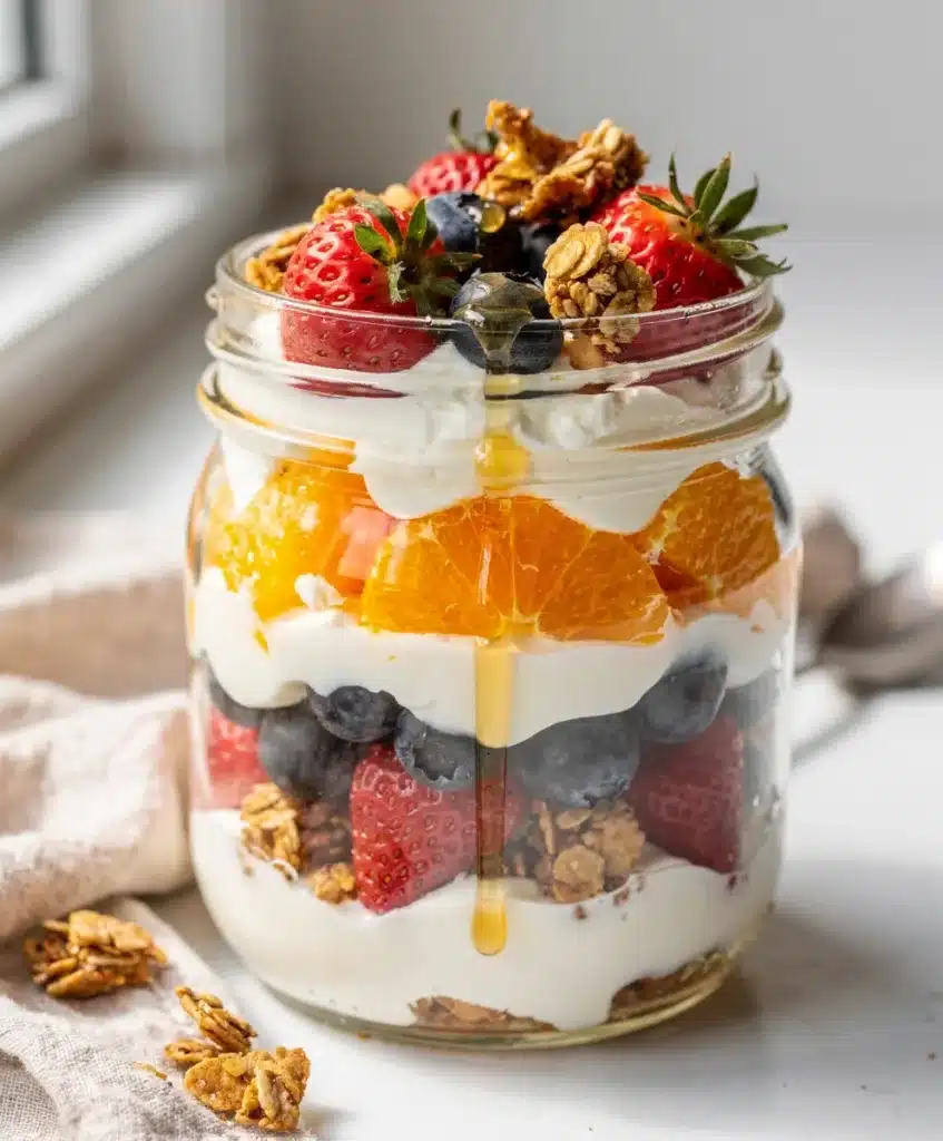 Greek yogurt parfait with granola and fresh berries in a glass jar.