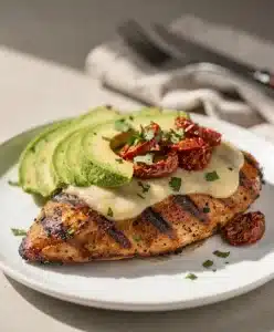 Grilled California chicken with avocado, cheese, and sun-dried tomatoes.