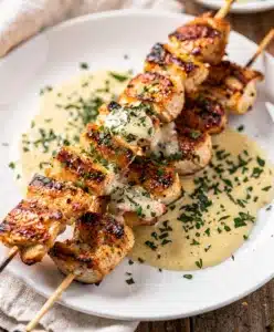Grilled chicken skewers with garlic parmesan sauce on a rustic wooden board.