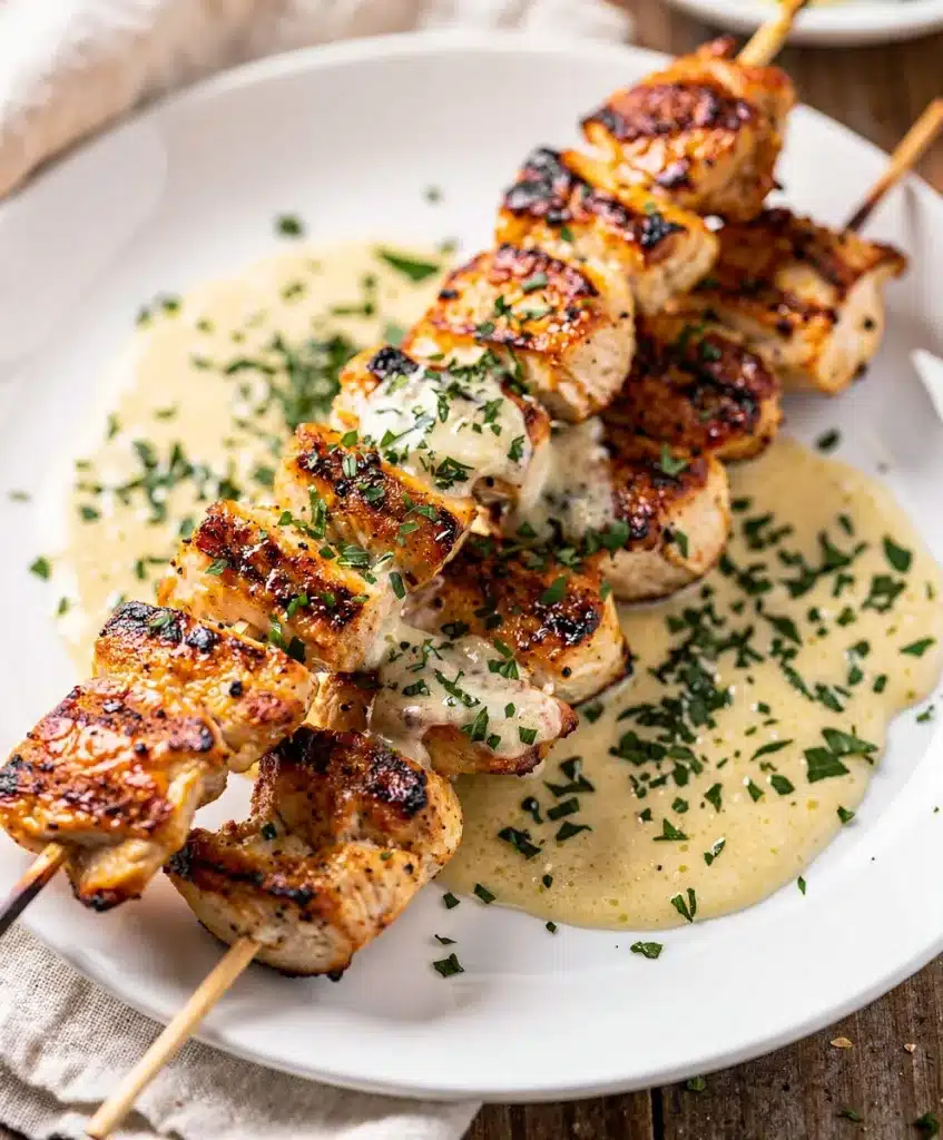 Grilled chicken skewers with garlic parmesan sauce on a rustic wooden board.