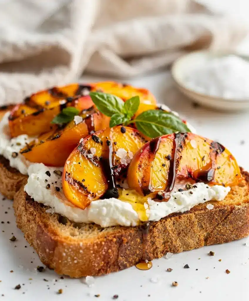 Grilled peach and ricotta toast on crispy bread with honey drizzle