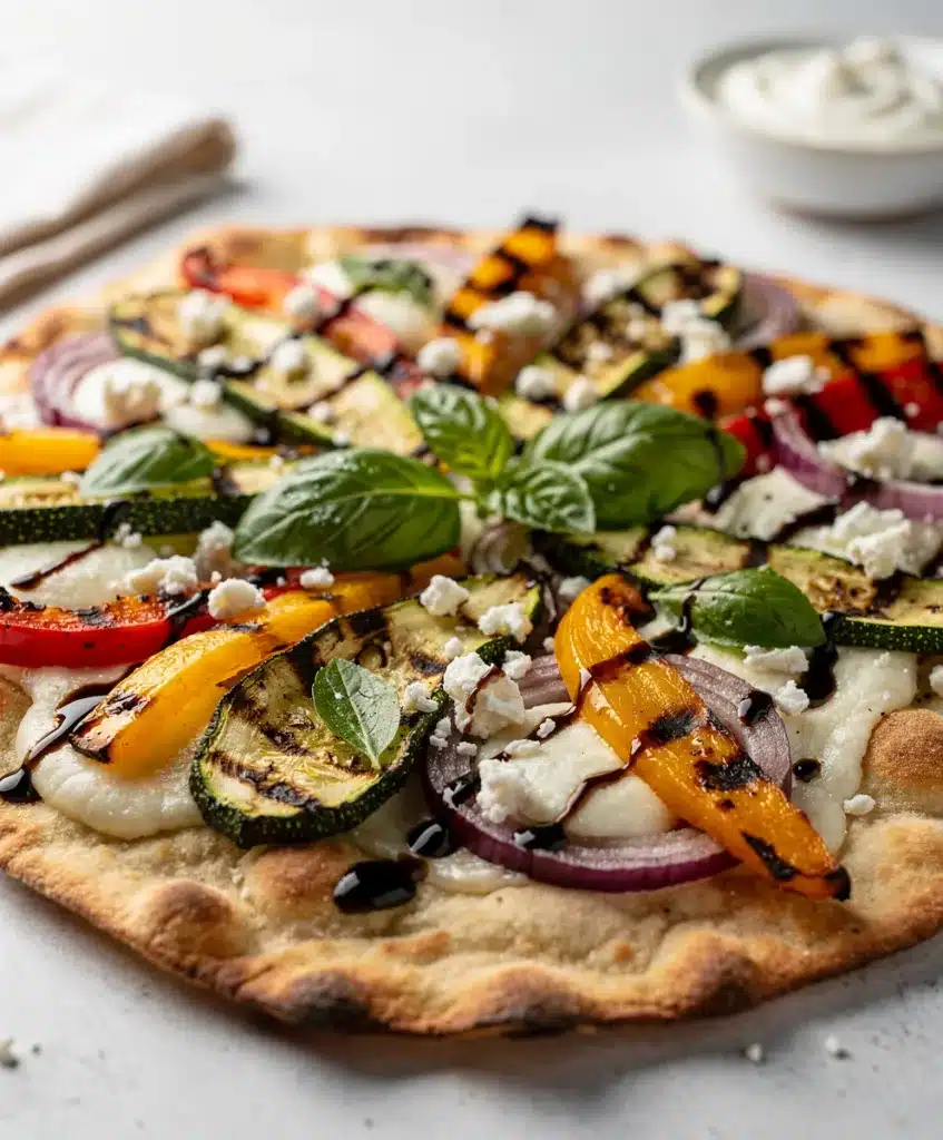 Grilled Veggie Flatbread with charred peppers and melted cheese
