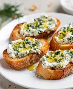 Herbed goat cheese crostini with honey and fresh herbs on rustic bread