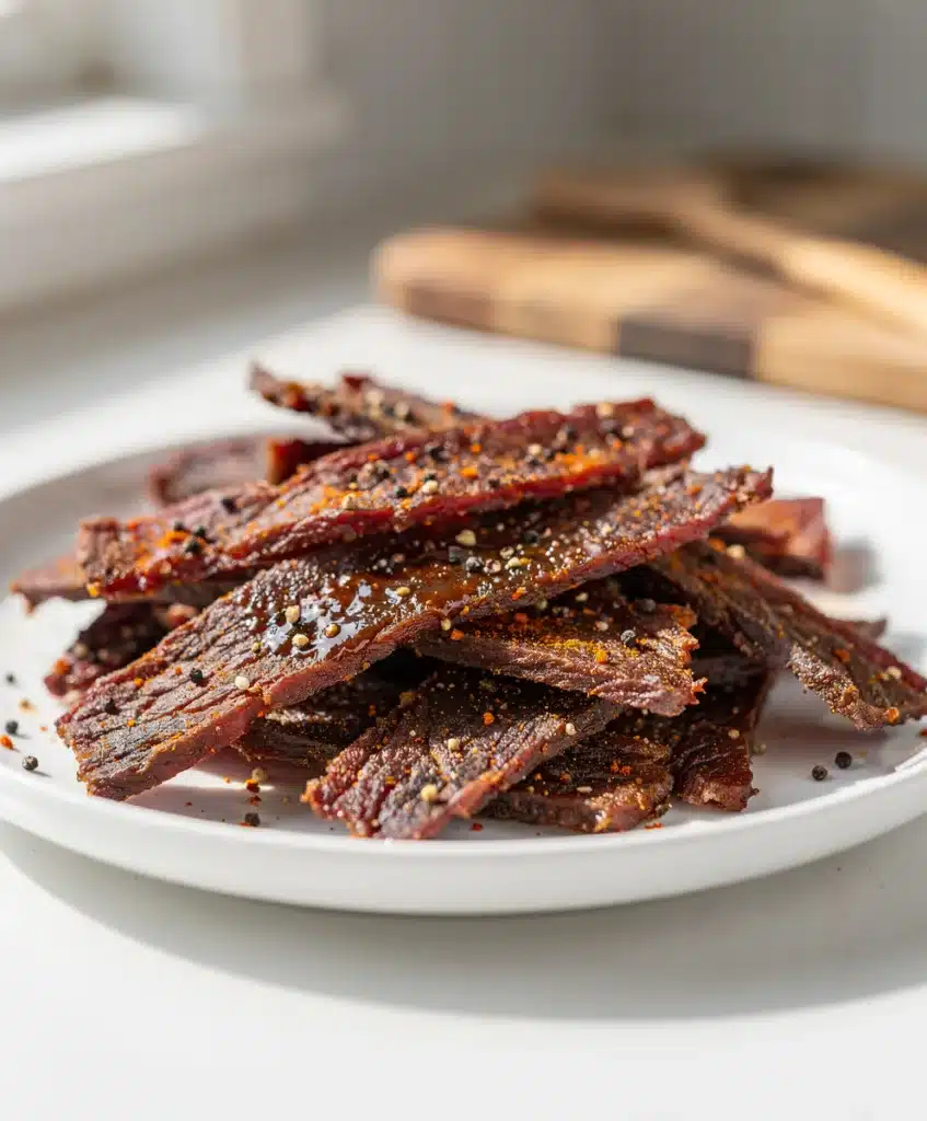 Homemade beef jerky strips with savory marinade on a rustic cutting board