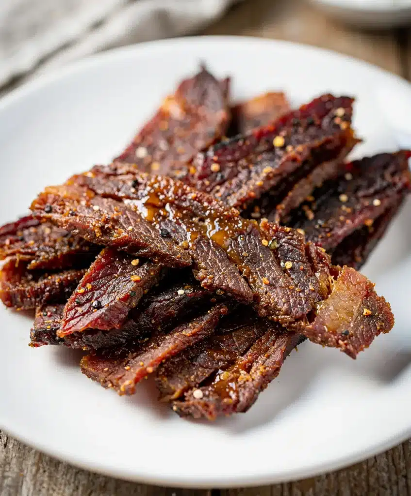 Homemade beef jerky strips with spice rub on a rustic wooden cutting board.