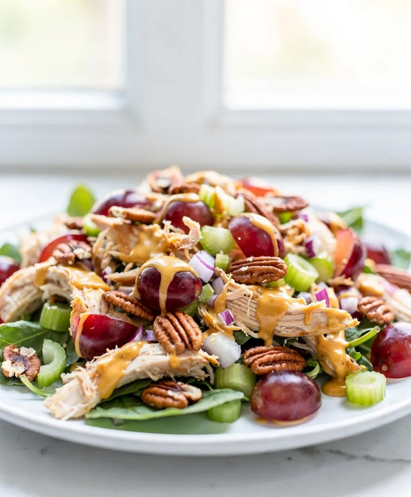 Creamy honey grape chicken salad with pecans and celery in a bowl.