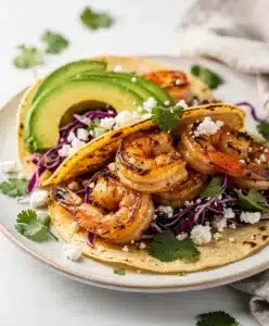 Honey lime shrimp tacos close up on rustic board