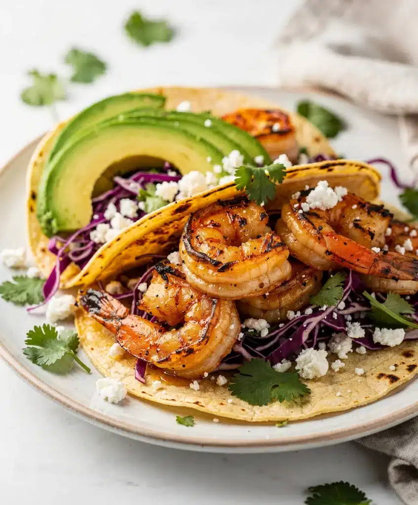 Honey lime shrimp tacos close up on rustic board