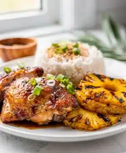 Glossy Huli Huli chicken with pineapple soy glaze on board.