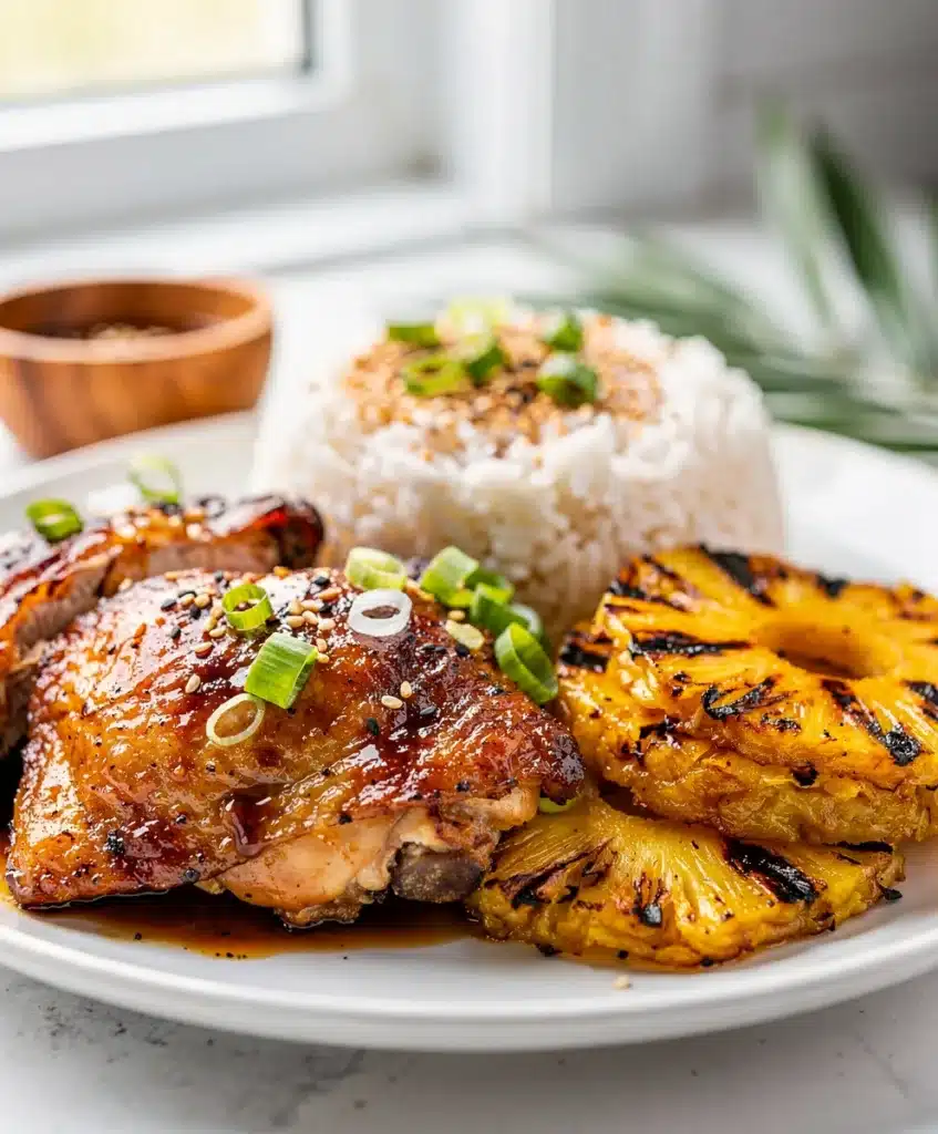 Glossy Huli Huli chicken with pineapple soy glaze on board.