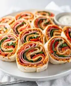 Italian Pinwheel Sandwiches with pesto, meats, cheese, and spinach in cross-section.