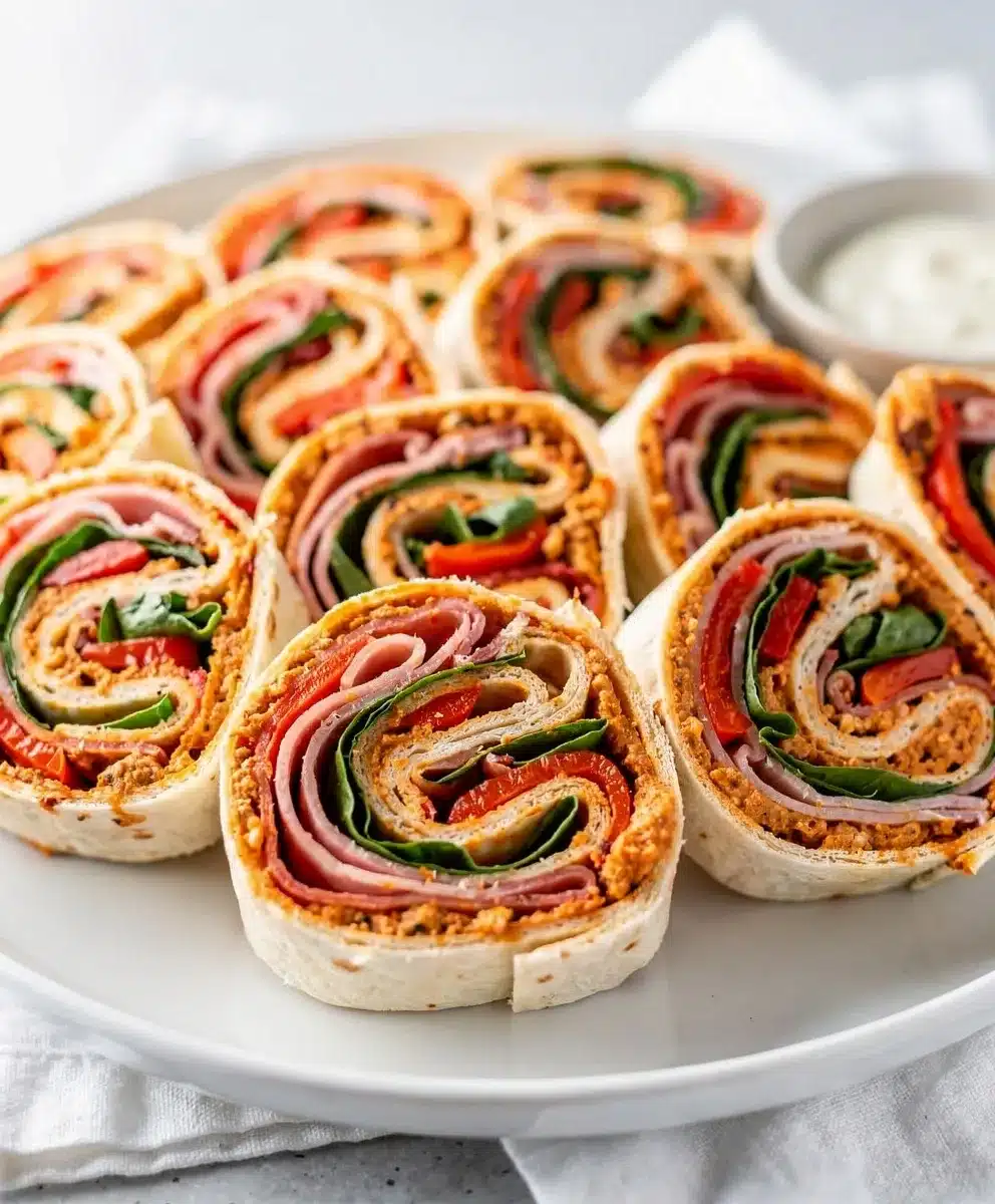 Italian Pinwheel Sandwiches with pesto, meats, cheese, and spinach in cross-section.