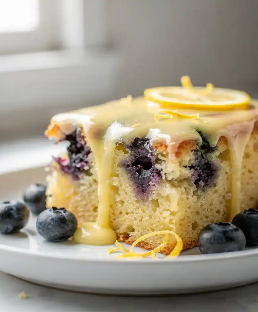 Lemon blueberry sheet cake with moist crumb and creamy lemon glaze