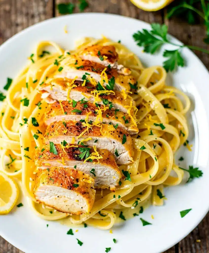 Creamy lemon chicken pasta with Parmesan and parsley garnish