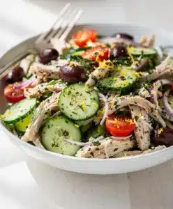 Lemon herb chicken salad with creamy dressing on crisp fresh ingredients