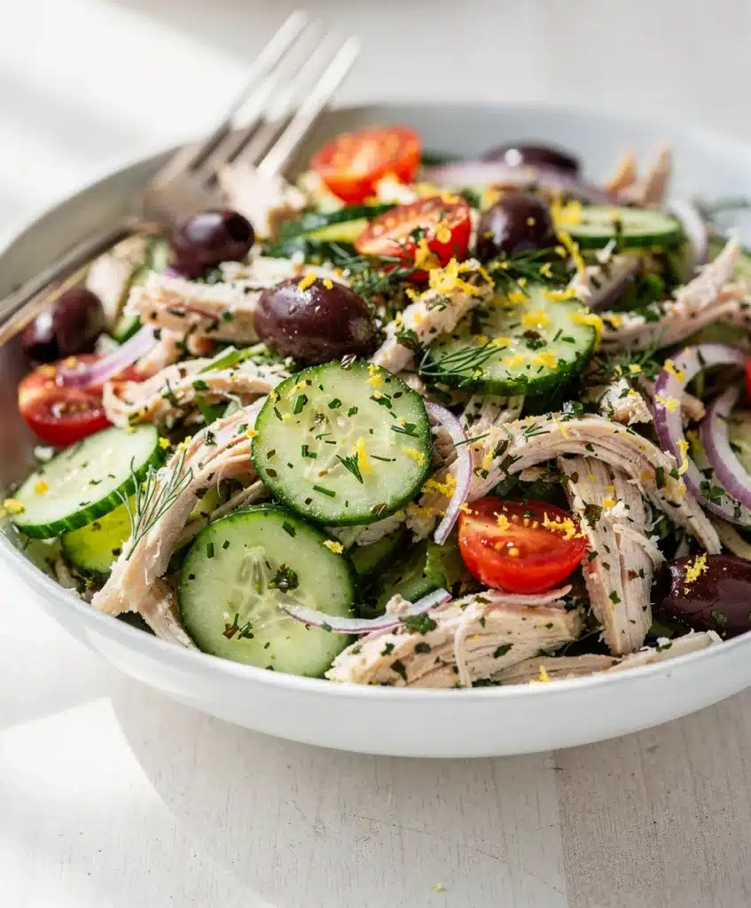 Lemon herb chicken salad with creamy dressing on crisp fresh ingredients