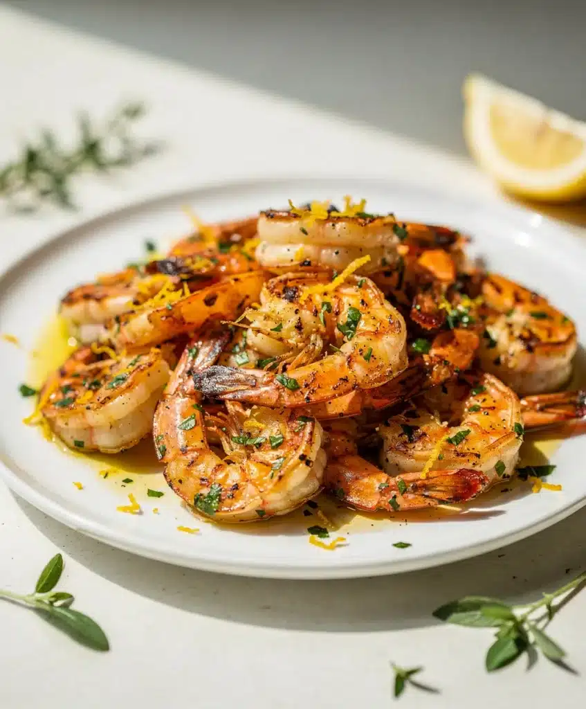 Lemon Herb Grilled Shrimp on rustic wooden platter closeup