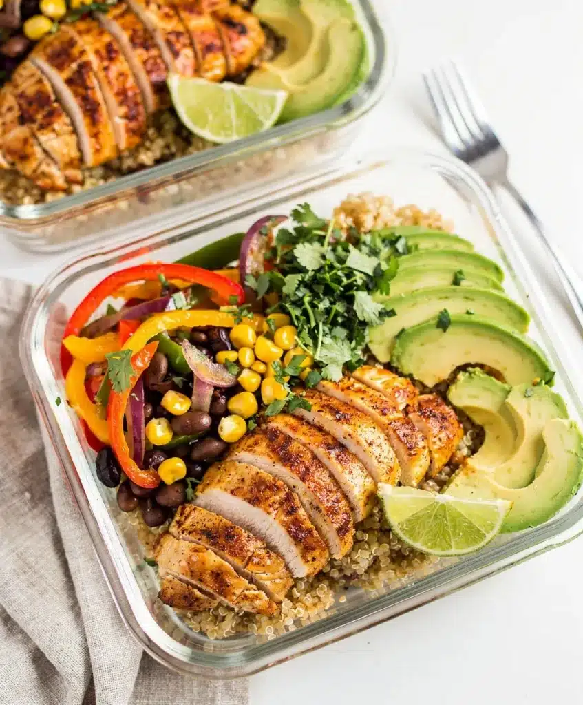 Make ahead chicken meal prep bowls with quinoa, beans, corn, and avocado.
